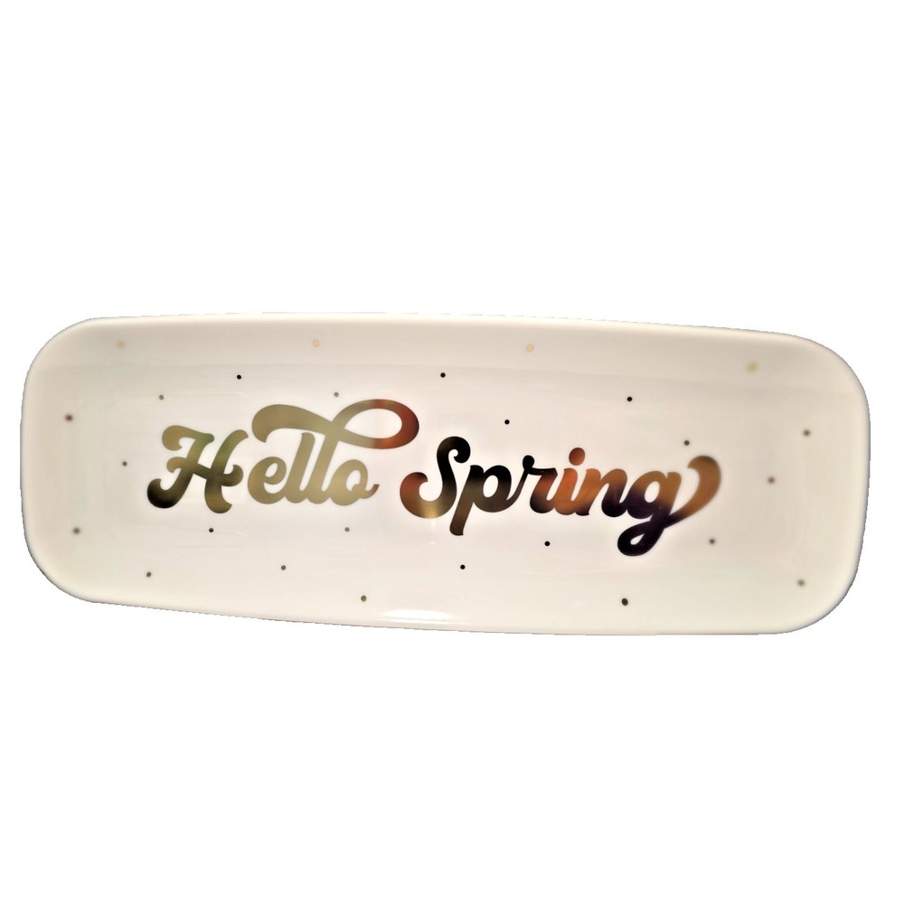 White & Gold "Hello Spring" Plastic Serving Tray‎ - 6PCS